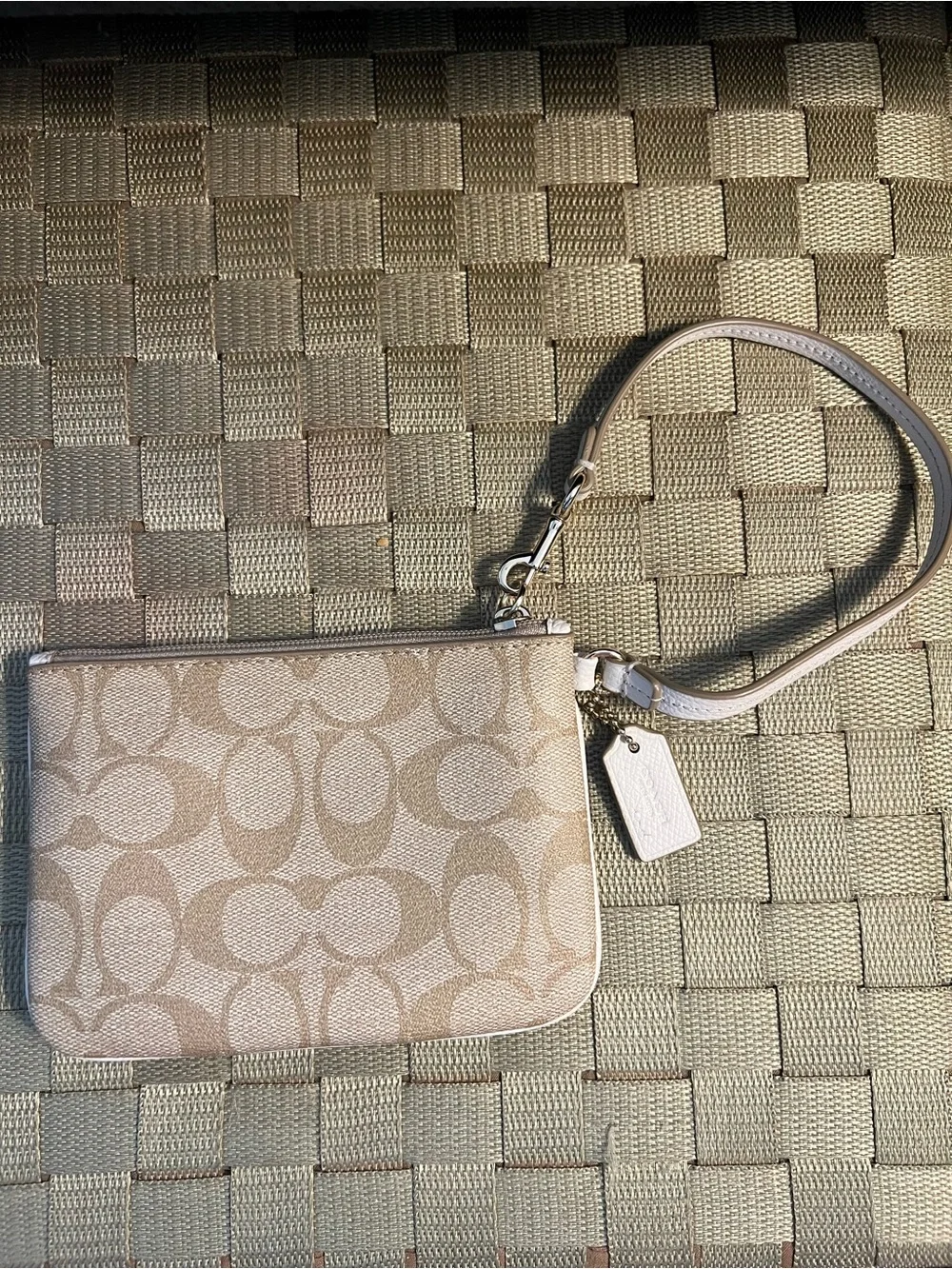 Coach Beige Signature Canvas Wristlet with Cream Colored Center Panel